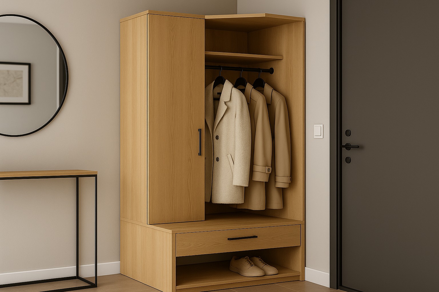 U malim hodnicima, ugaoni ormar donosi praktično rešenje koje spaja eleganciju i maksimalno iskorišćenje prostora