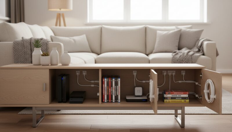 organizacija kablova i skladištenje u TV komodi organizacija kablova i skladištenje u TV komodi