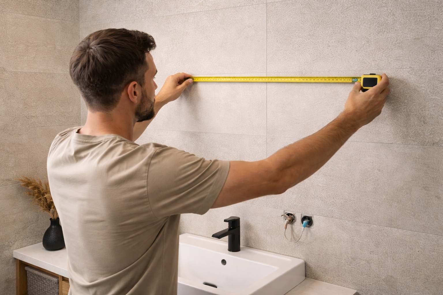 Covek meri prostor gde ce biti ogledalo u kupatilu