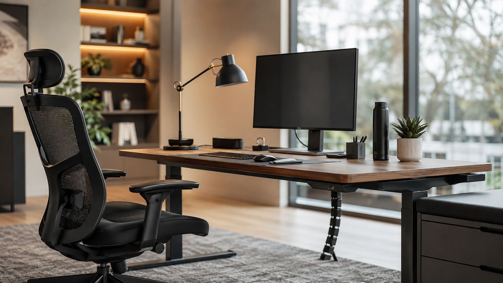 Moderna kancelarija sa ergonomskom stolicom, prostranim drvenim stolom, monitorom i podesivom radnom lampom