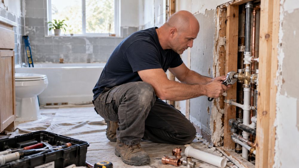 Vodoinstalater popravlja cevi u otvorenom zidu tokom renoviranja kupatila.